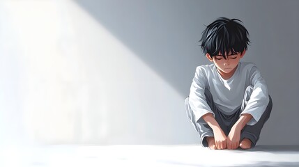 Depressed cartoon boy, Asian features, white shirt, hugging his knees in an empty room, simple light background conveying loneliness and mental health struggle