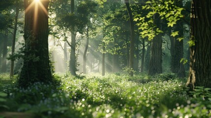 Obraz premium A serene forest landscape with sunlight filtering through the trees, capturing the essence of tranquility and nature's beauty.