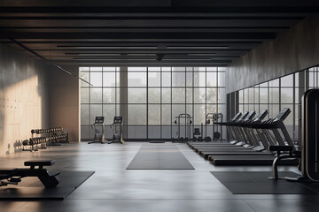 Minimalist gym interior with sleek workout machines, large windows letting in natural light, empty and pristine.