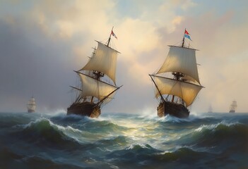 Fototapeta premium Sea paintings landscape. Old sailing ships. Naval ships fighting, tall masted sailing ships on the ocean battle, vintage style. Fine art 
