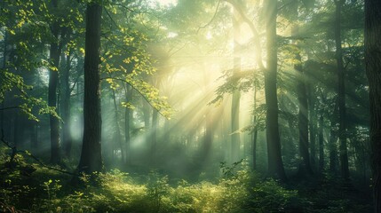 Fototapeta premium A serene forest landscape with sunlight filtering through the trees, capturing the essence of tranquility and nature's beauty.