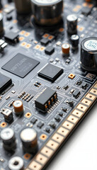 Close-up of a printed circuit board with chips, showing the complex connections and electronics parts isolated with white highlights, png
