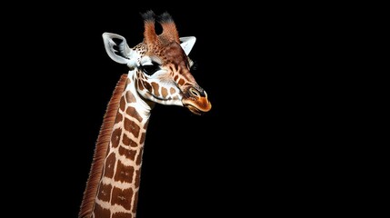 A close-up portrait of a giraffe's head and neck against a black background.