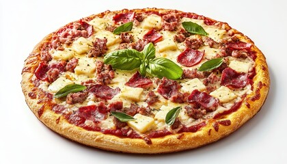 Fresh pizza with sausage, pepperoni, and basil on a white background
