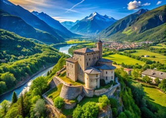 Naklejka premium Aerial View of Challant Castle in Aosta Valley, Italy - Stunning Landscape Photography for Travel Enthusiasts