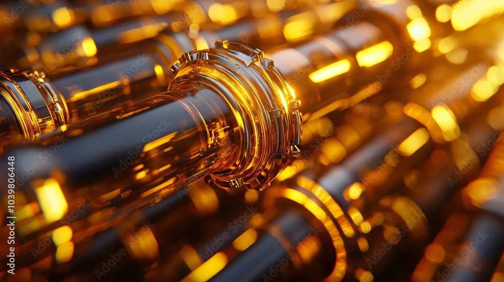 Poster close-up of shiny metallic pipes illuminated by warm light, creating an artistic and abstract backgr