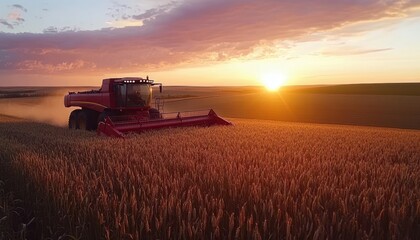 Obraz premium Harvesting wheat at sunset with a combine harvester in a vast field landscape