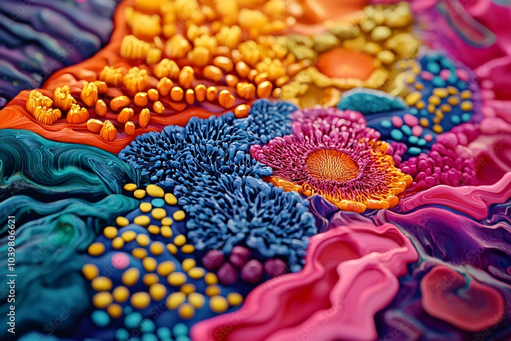Poster colorful abstract design featuring intricate patterns of flowers and textures, creating a vibrant an