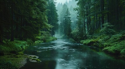 Fototapeta premium A peaceful river flowing through a dense forest.