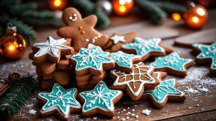 Festive gingerbread cookies on a wooden table, decorated with white icing, star and tree shapes, warm holiday atmosphere, rustic style, soft natural lighting