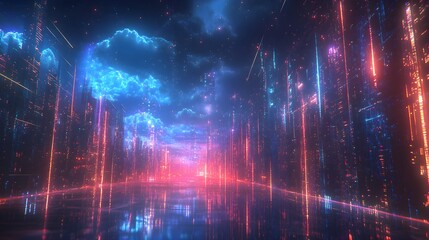 Glowing cityscapes connected by a network of neon light trails, representing cloud data transfer across the globe, digital hologram overlay, futuristic, cyberpunk aesthetic