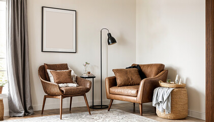 A stylish reading nook featuring a cozy armchairs with a brown pillows, a framed mockup for artwork on the wall. Modern design