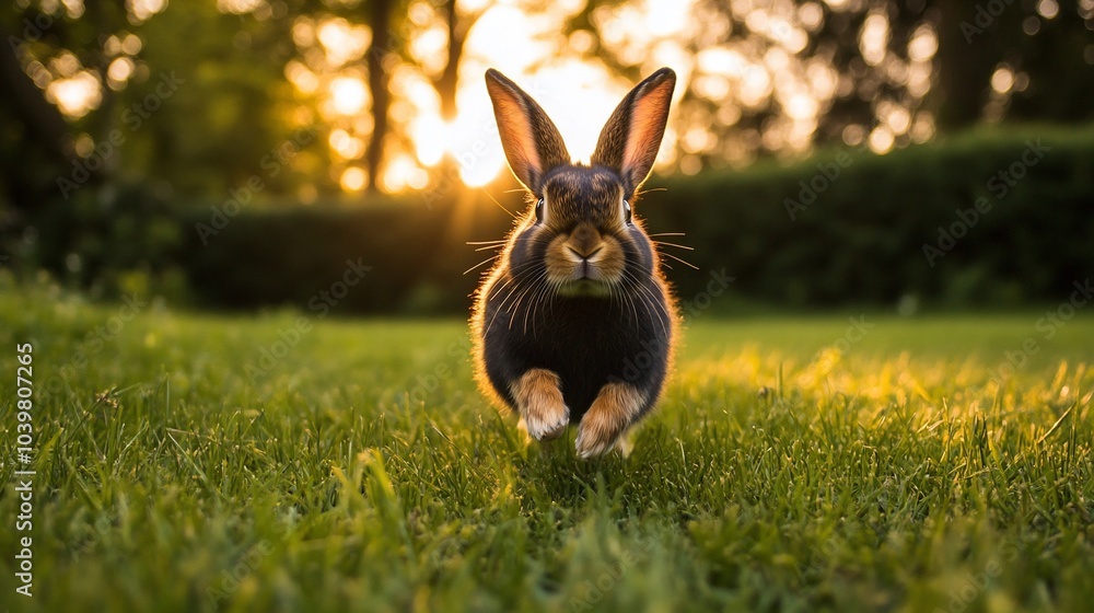 Poster a brown rabbit with long ears runs towards the camera on a green grassy field with the sun setting i