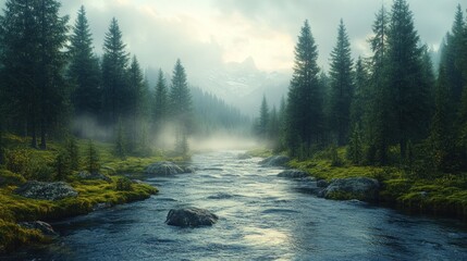 Fototapeta premium Serene river flowing through misty forested mountains.