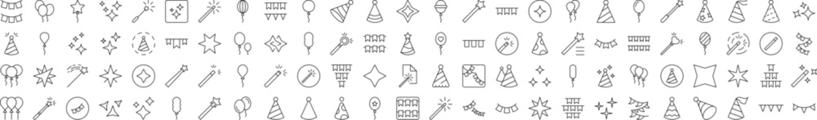 Minimalistic Linear Illustrations of Celebration. Contains Icons of Magic Wand, Balloon, Holiday Hat, Sparkling, Fireworks that Can Be Used for Design of Cards, Posts, Apps, Web Sites