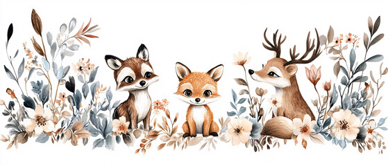 Watercolor Illustration of Adorable Fox and Deer with Floral Background, Watercolor Illustration of Adorable Fox and Deer with Floral Bac