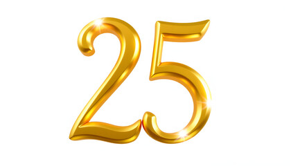 25 golden symbol isolated, gold metallic glossy luxury isolated with white highlights, png