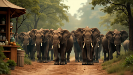 A Majestic Herd of Elephants Roaming Freely in a Kitchen Intermingling with a Small Store Blending Elements of Nature and Domestic Life