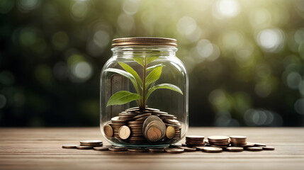 A jar filled with coins and a small plant, symbolizing growth, savings, and the fusion of nature with financial prosperity.