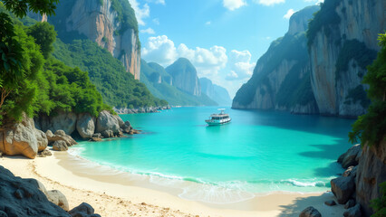 Fototapeta premium Enchanted Ocean Beach with Towering High Cliffs and Vibrant Turquoise Waters Creating a Picturesque Paradise