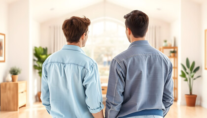 Fototapeta premium Young couple imagining interior of new home, back view isolated with white highlights, png