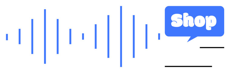 Blue sound waves of varying heights with a blue speech bubble reading shop in white text Ideal for e-commerce, audio branding, online shopping, marketing campaigns, and technology themes Modern