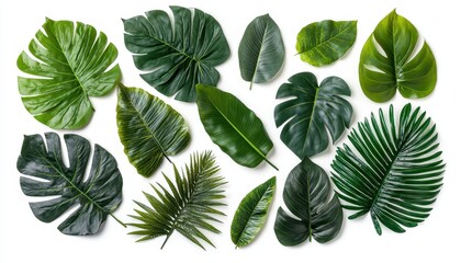 Variety of vibrant green tropical leaves arranged on a white background