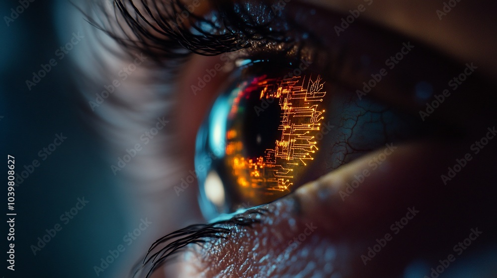 Poster close-up of a human eye with digital data patterns reflected in the iris.