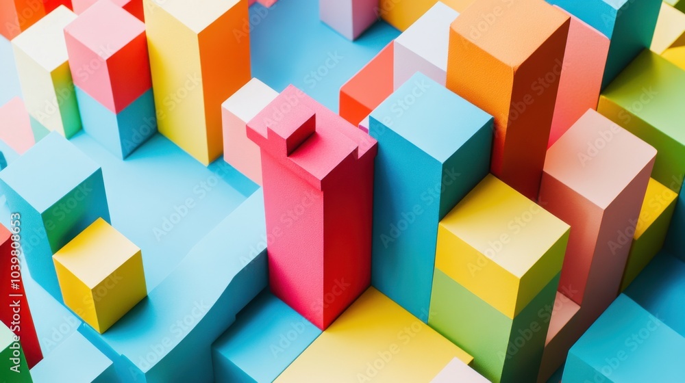 Poster An imaginative block-building scene with colorful construction toys, Blocks creatively stacked to form a miniature cityscape, Modern minimalist style
