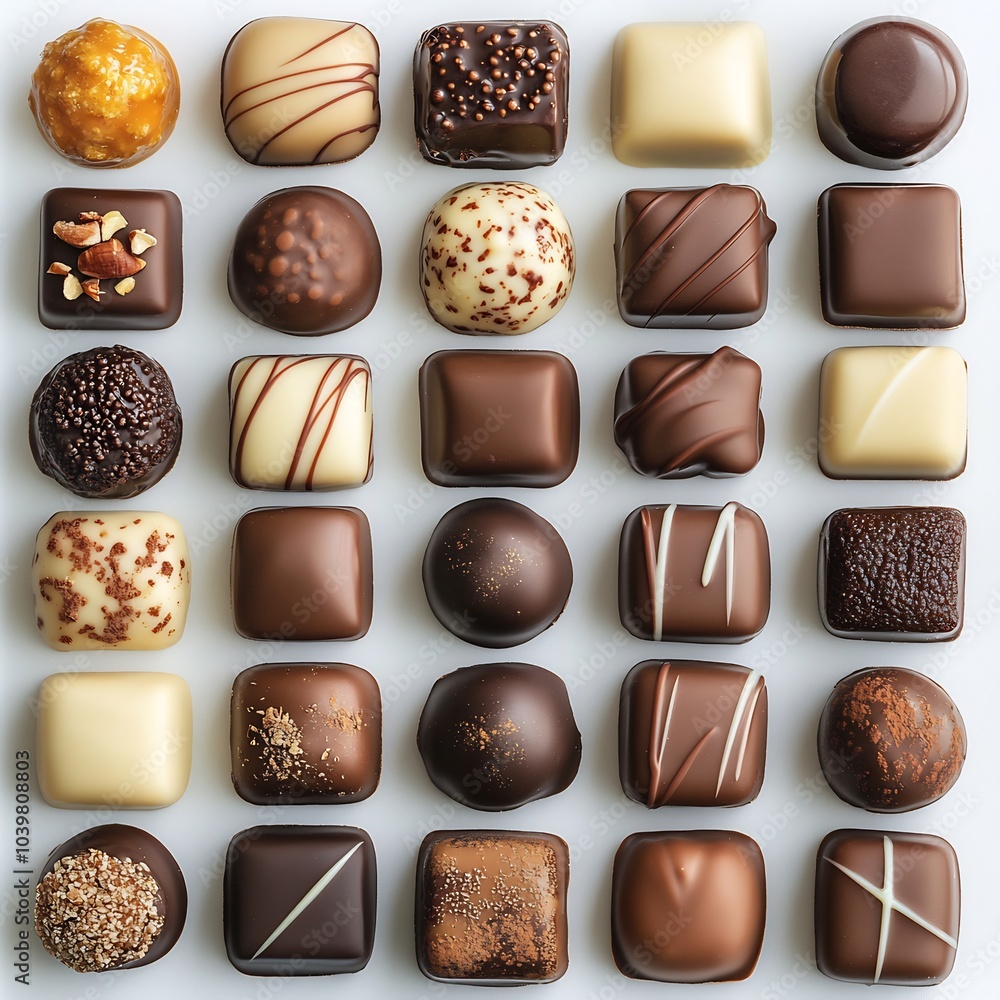 Poster delightful top view of an assorted selection of chocolate pralines arranged artfully on a white back