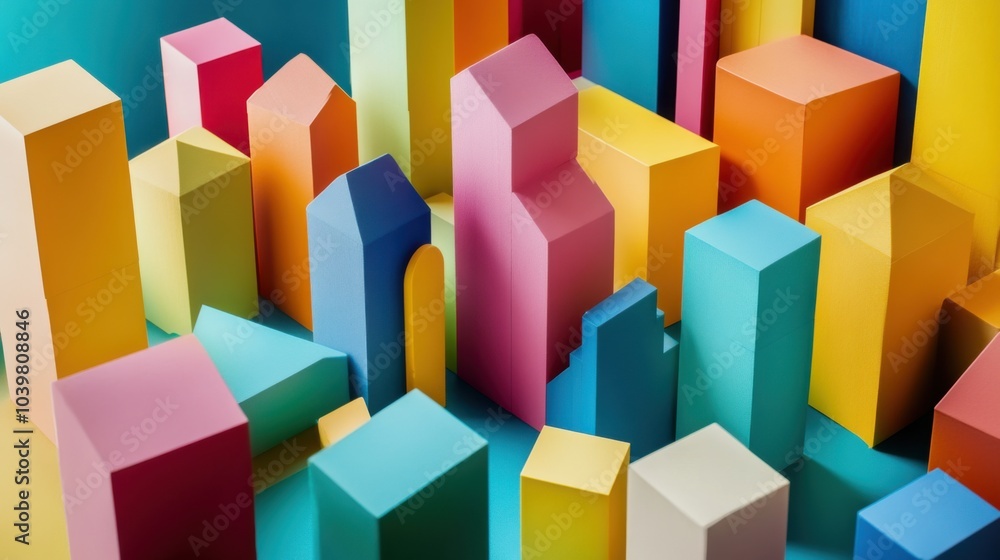 Poster an imaginative block-building scene with colorful construction toys, blocks creatively stacked to fo