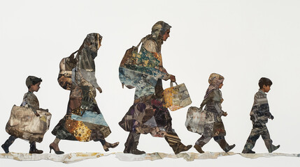 Collage-style depiction of a Middle Eastern family walking with luggage