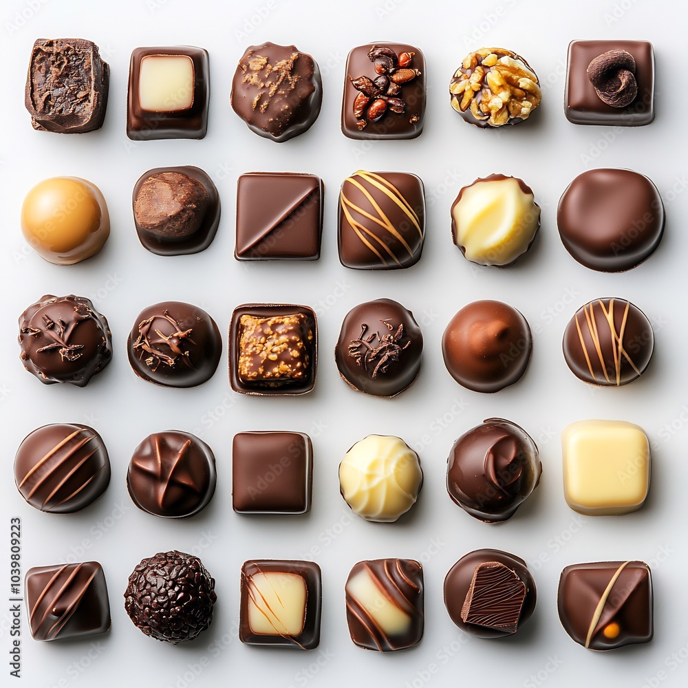 Poster delightful top view of an assorted selection of chocolate pralines arranged artfully on a white back