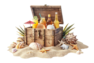 Beach bar with tropical drinks and seashells inside an opened wooden box on a pile of sand. Summer vacation 3D illustration Isolated on transparent background.