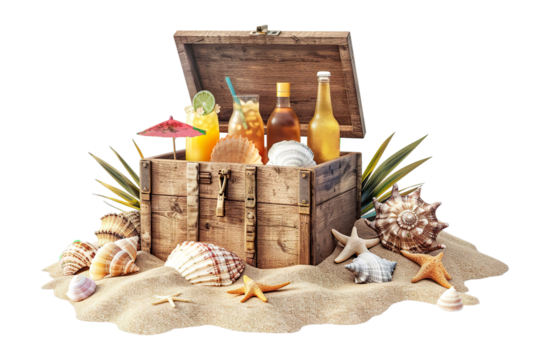 Beach bar with tropical drinks and seashells inside an opened wooden box on a pile of sand. Summer vacation 3D illustration Isolated on transparent background.