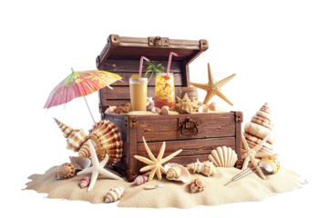 Beach bar with tropical drinks and seashells inside an opened wooden box on a pile of sand. Summer vacation 3D illustration Isolated on transparent background.