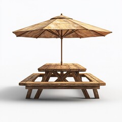 Detailed 3D rendering of rustic wooden picnic table matching benches and a large sunshade umbrella designed as one solid piece of furniture perfect for outdoor dining isolated on a white background