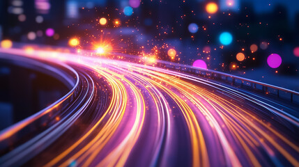 Vibrant light trails show data transfer at night in the city, highlighting connectivity and movement