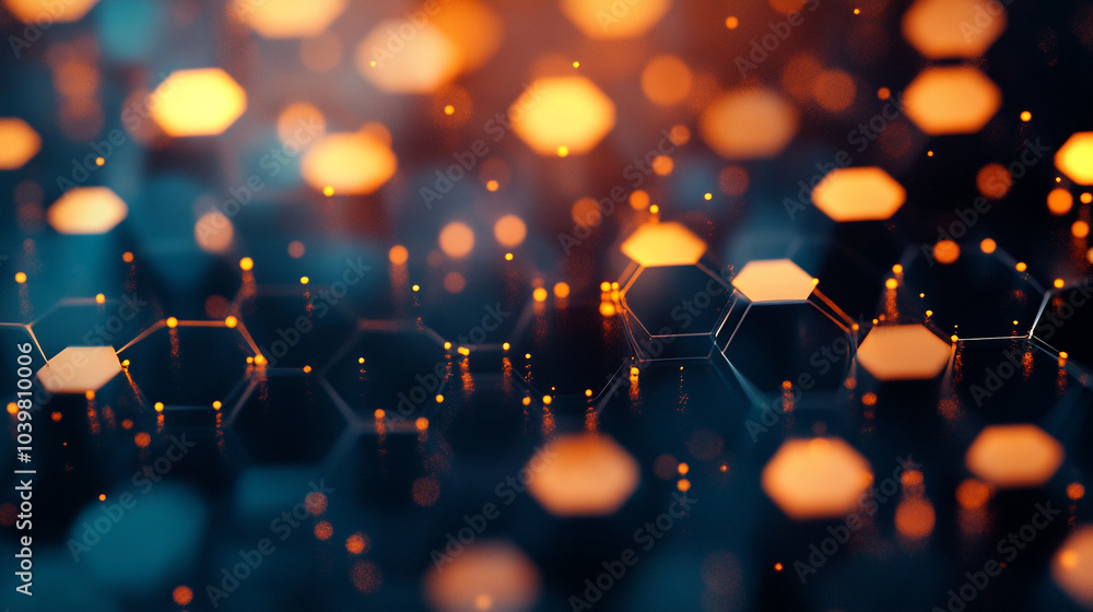 Poster abstract representation of glowing hexagonal patterns on a dark background during evening time