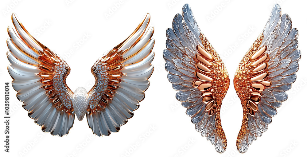 Poster elegant rose gold wings with intricate details and glossy finish, isolated on white background, crea