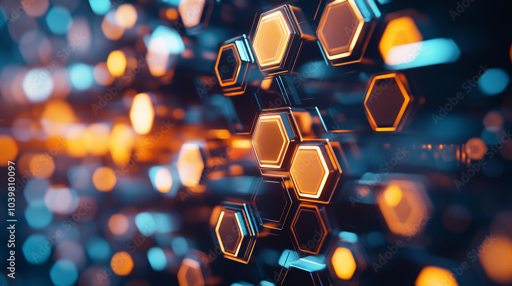 Poster abstract hexagonal patterns glowing in blue and orange light create a futuristic ambiance