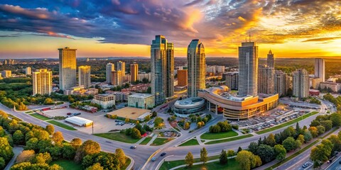 Aerial View of Mississauga's Downtown City Centre at Sunset - Stunning Summer Evening Scene