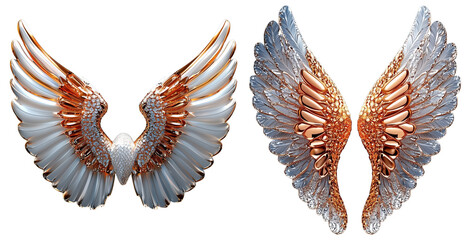 Obraz premium Elegant rose gold wings with intricate details and glossy finish, isolated on white background, creating striking visual impact. png transparent background