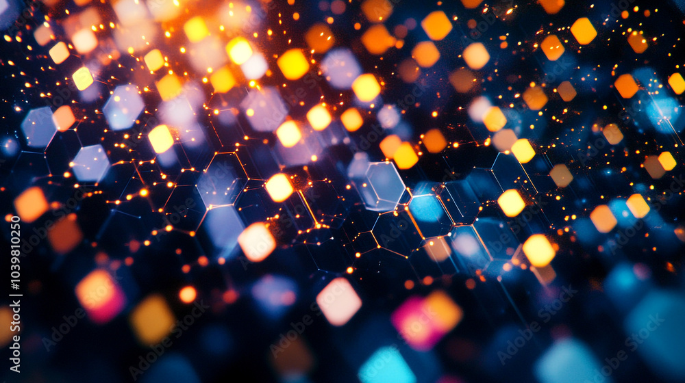 Poster abstract digital art showcasing colorful lights in a hexagonal pattern against a dark background