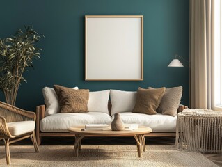 Deep teal walls, neutral textiles, and minimalist furniture in a winter living room, offering a calming and serene retreat