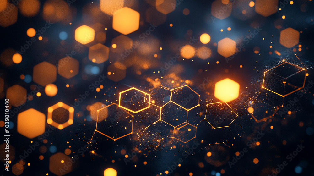 Poster abstract representation of glowing hexagons and bokeh lights creating a mysterious atmosphere