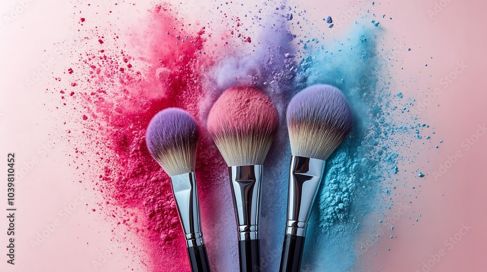 Aufkleber dynamic scene featuring cosmetic brushes flinging colorful powders into air creating a vibrant splas