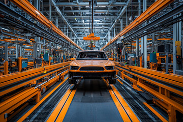 Orange SUV on assembly line in modern car manufacturing plant