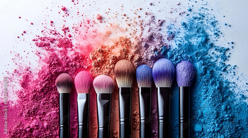 Aufkleber dynamic scene featuring cosmetic brushes flinging colorful powders into air creating a vibrant splas
