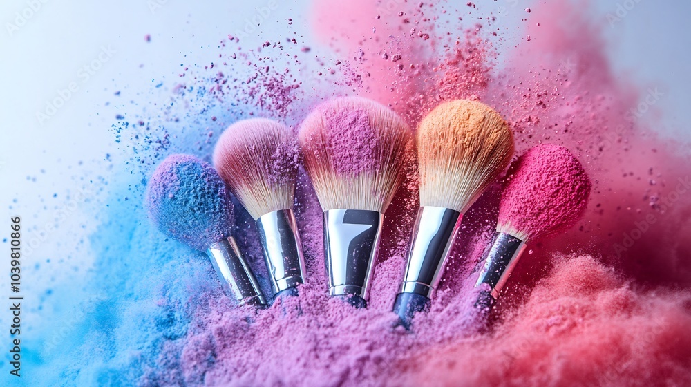 Aufkleber dynamic scene featuring cosmetic brushes flinging colorful powders into air creating a vibrant splas